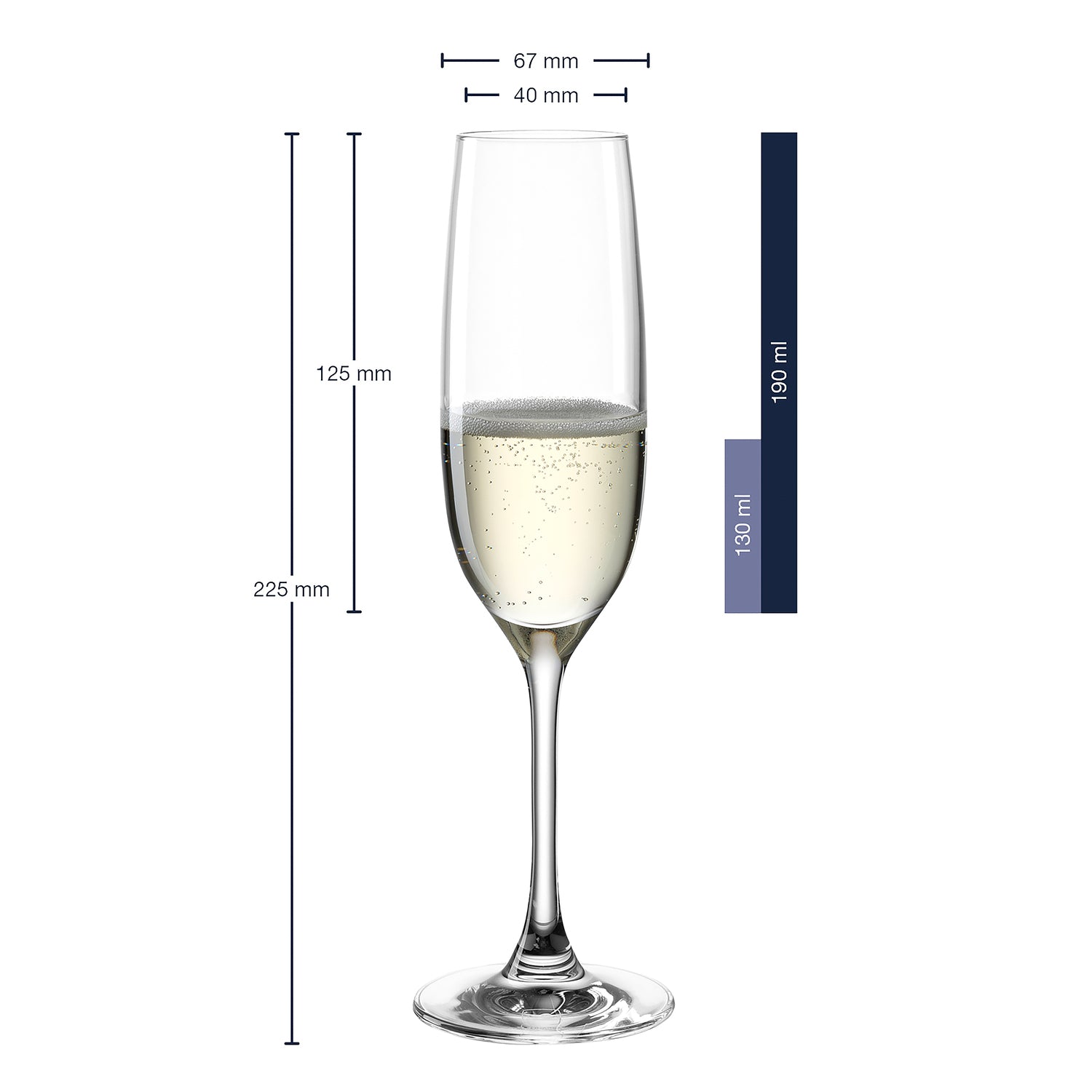 Sektglas CIAO+ mit Champagner gefüllt und Massangaben
