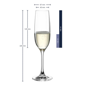 Sektglas CIAO+ mit Champagner gefüllt und Massangaben