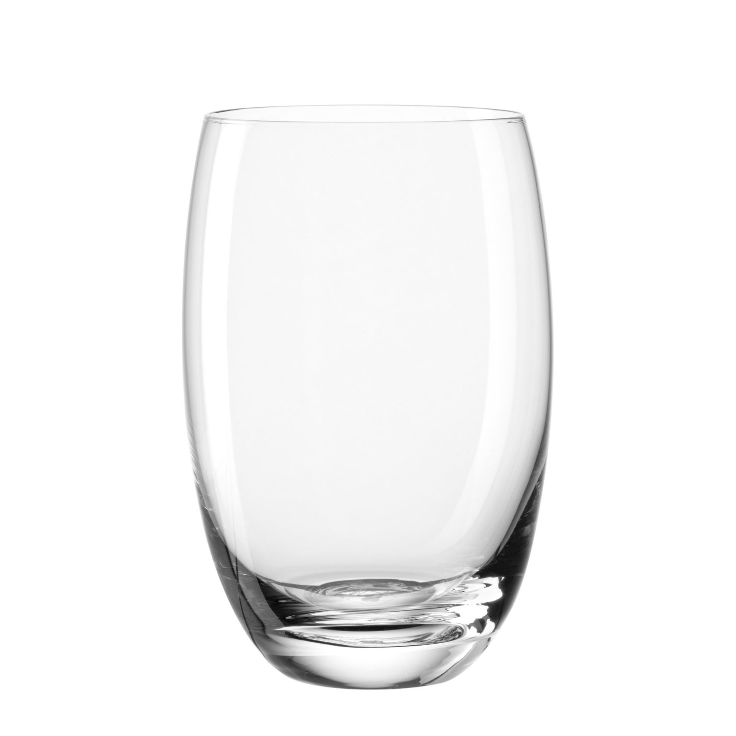 Leeres Trinkglas CHEERS aus klarem Glas vor weißem Hintergrund