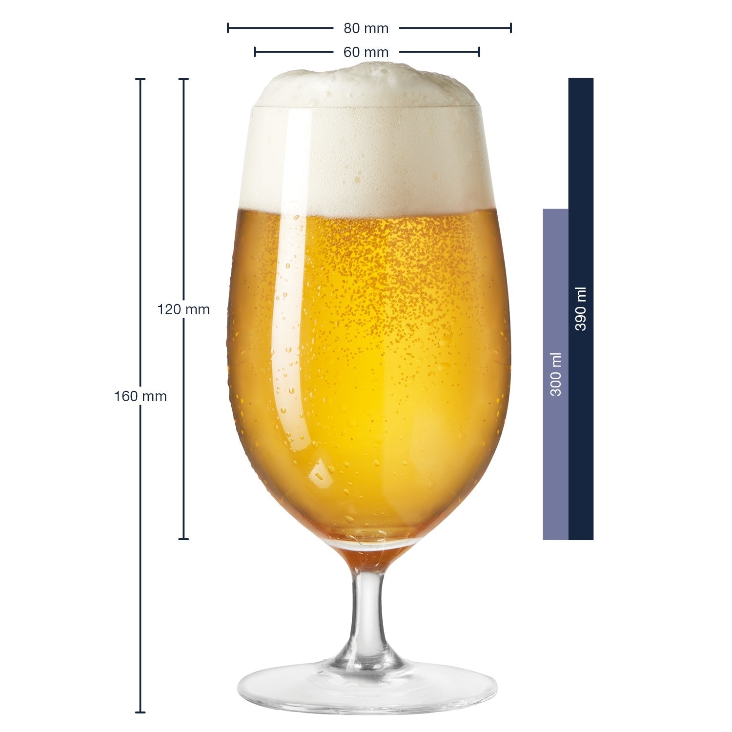 Massangaben zum Bierglas CIAO+ 390 ml mit gelben Bier und Schaumkrone gefüllt
