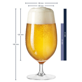 Massangaben zum Bierglas CIAO+ 390 ml mit gelben Bier und Schaumkrone gefüllt