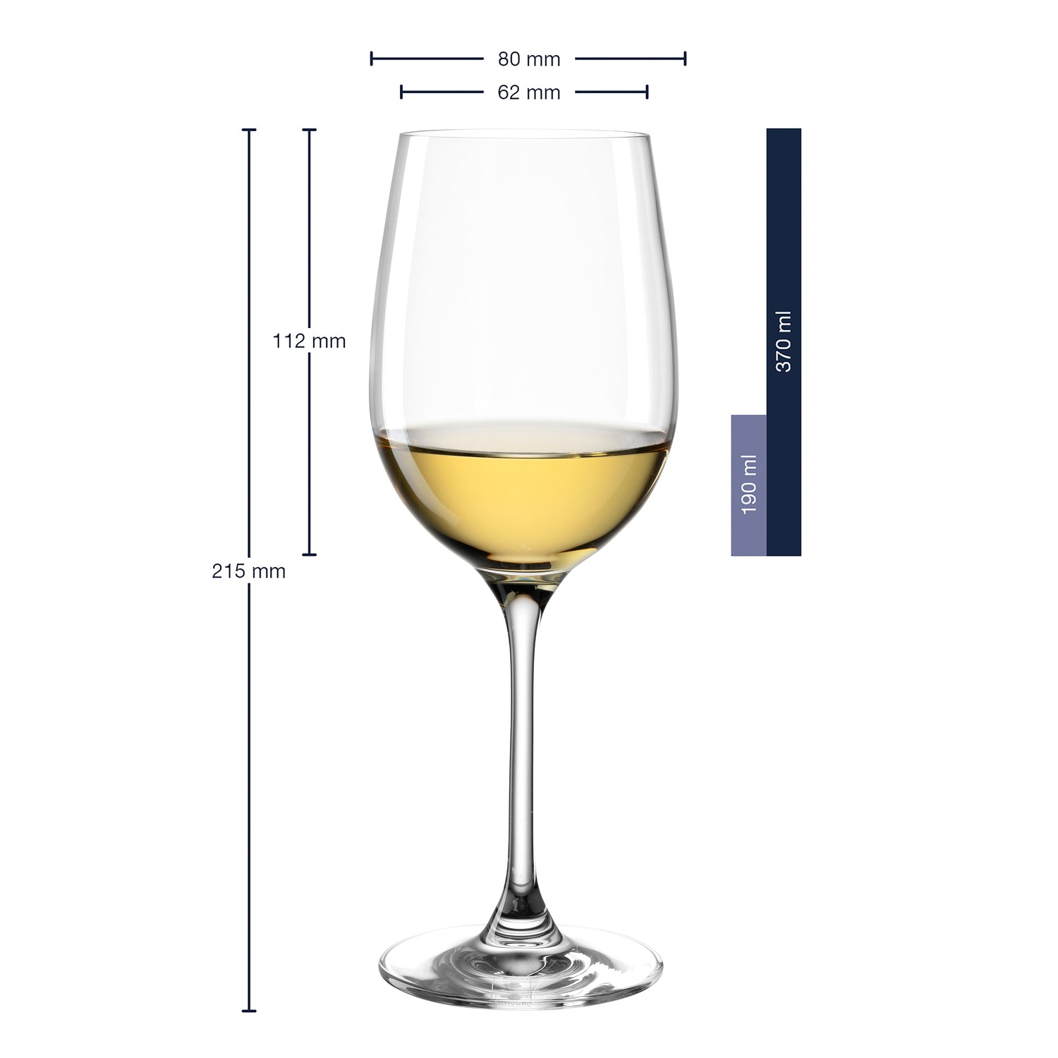 Weißweinglas CIAO+ mit Weißwein gefüllt, Massangaben und Durchmesserangaben