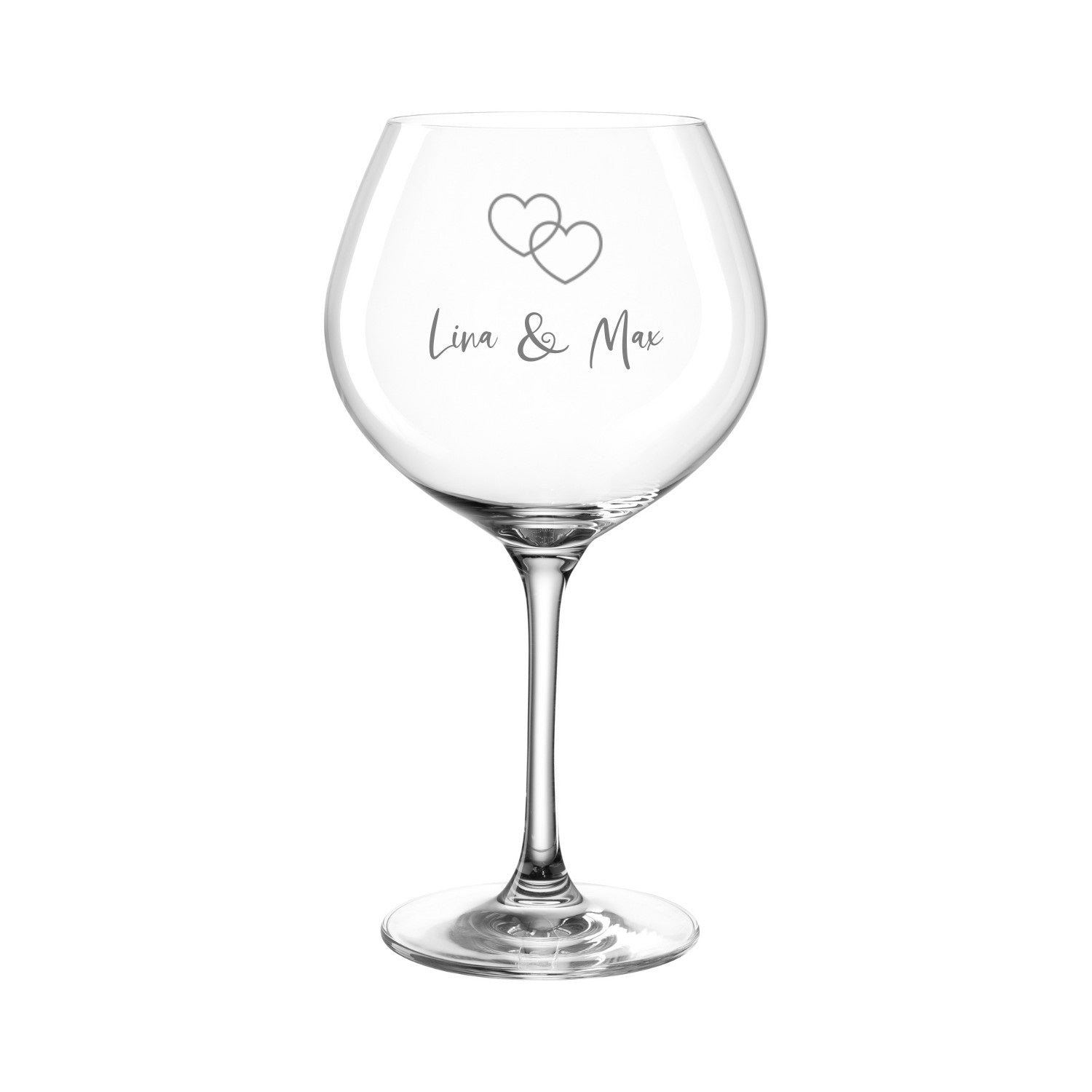 Burgunderglas CIAO+ mit Gravur "Lina & Max" und zwei Herzen
