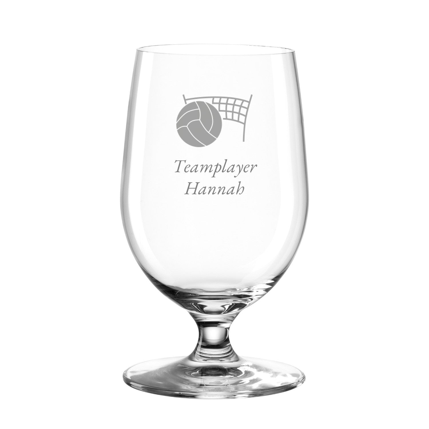 Wasserbecher CIAO+ mit Gravur Volleyball-Motiv und Teamplayer-Name, klares Glas, Stielbecher auf weißem Hintergrund