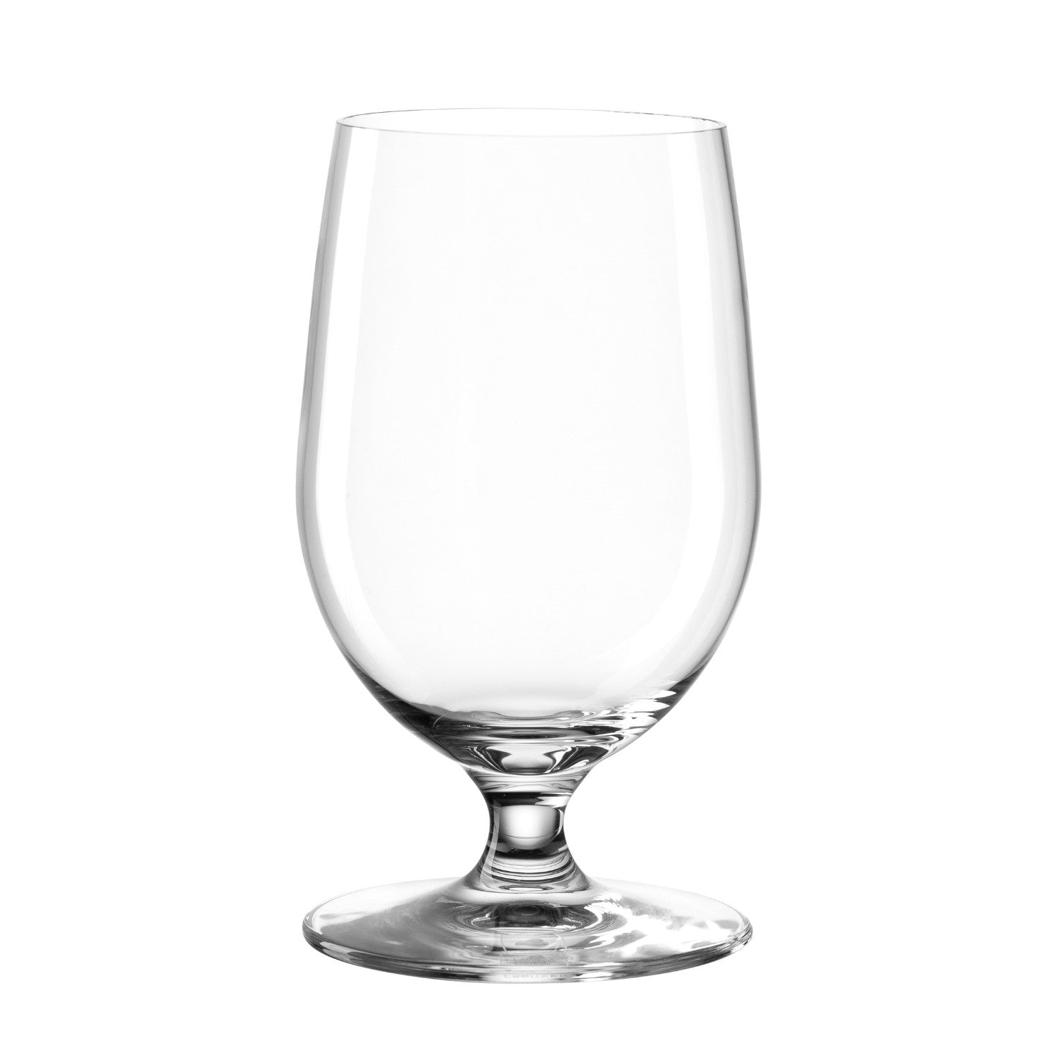 Leerer Wasserbecher CIAO+ aus klarem Glas auf weißem Hintergrund