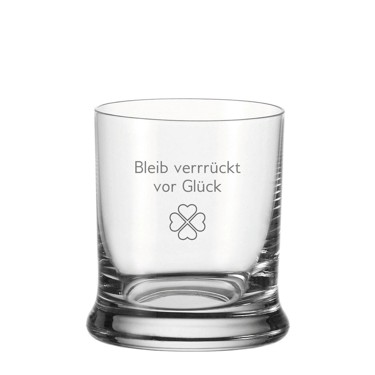Trinkglas K18 mit Gravur "Bleib verrückt vor Glück" und Kleeblatt-Symbol