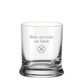 Trinkglas K18 mit Gravur "Bleib verrückt vor Glück" und Kleeblatt-Symbol