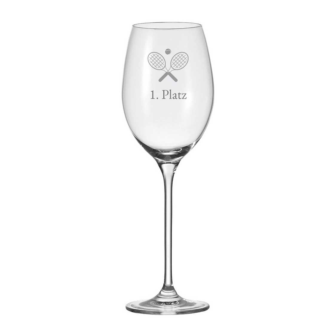 Weißweinglas CHEERS mit Gravur Tennisschläger und Text "1. Platz