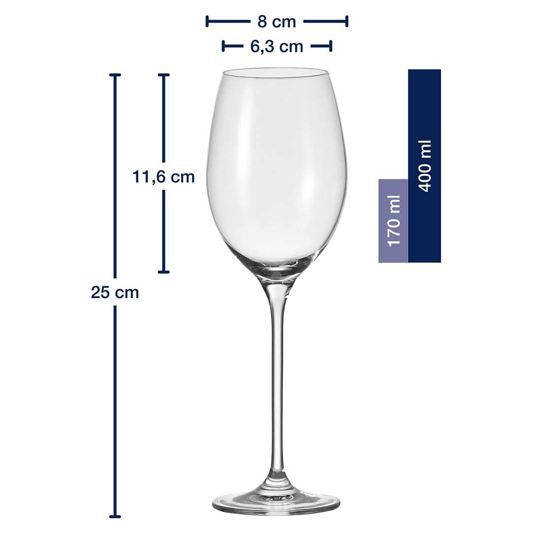 Weißweinglas CHEERS 400 ml mit Maßangaben und Fassungsvermögen