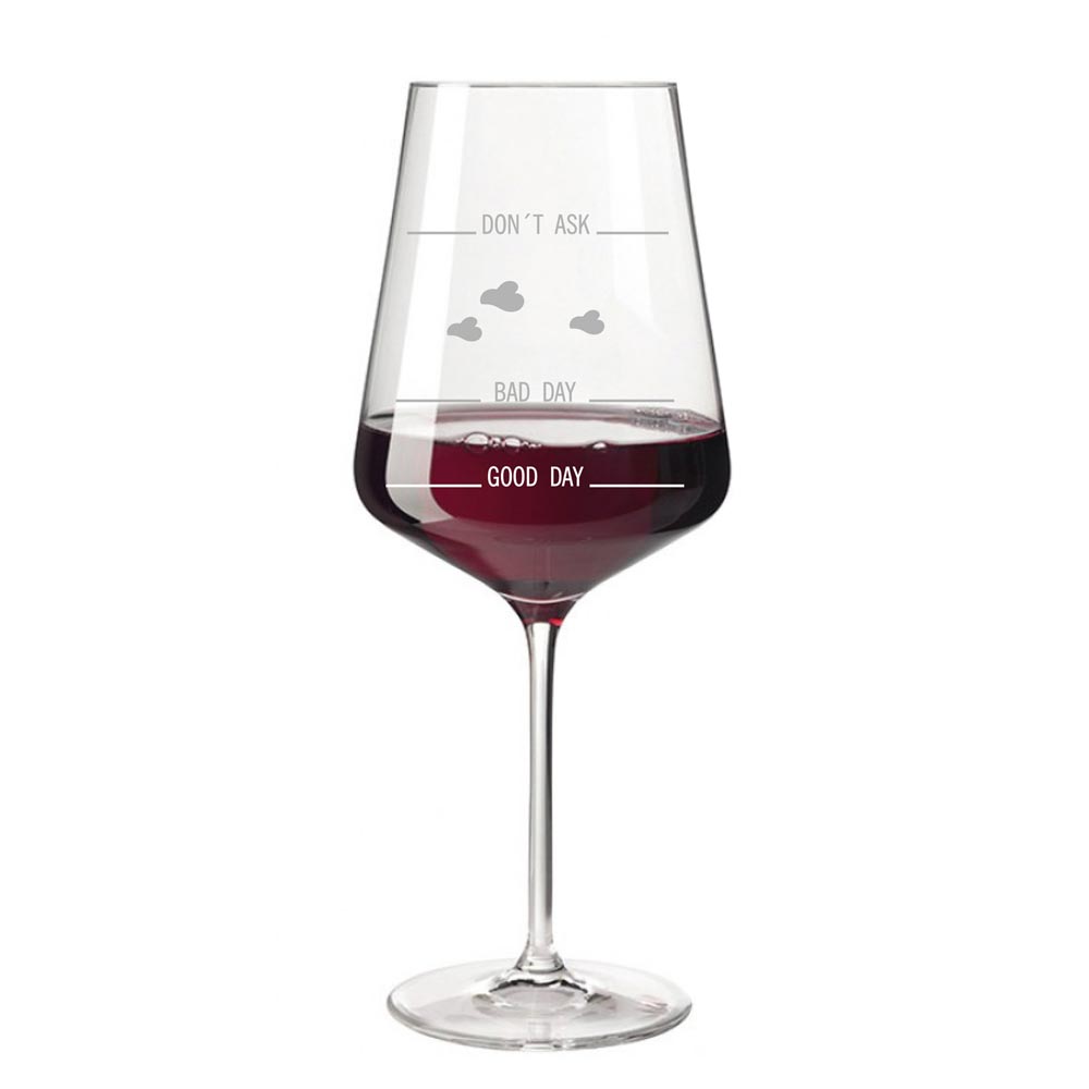 Rotweinglas PUCCINI mit Rotwein und Stimmungs-Gravur-Markierungen