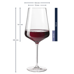 Rotweinglas PUCCINI 750 ml mit Rotweinfüllung und Massangaben