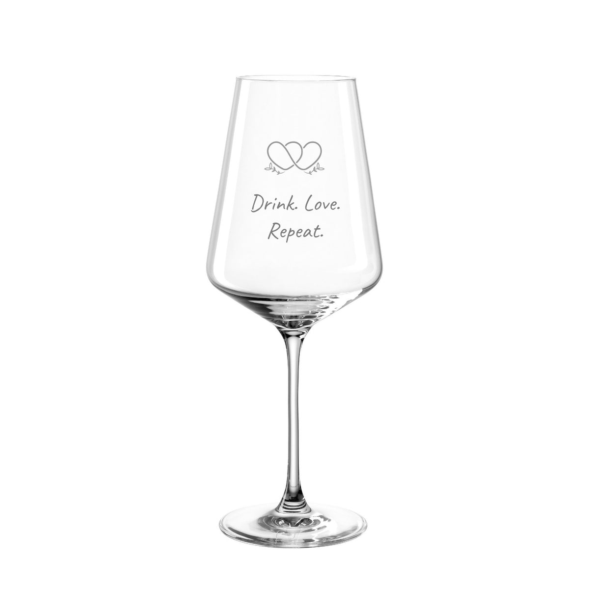 Weißweinglas PUCCINI mit Gravur zweier Herzen und Text "Drink. Love. Repeat