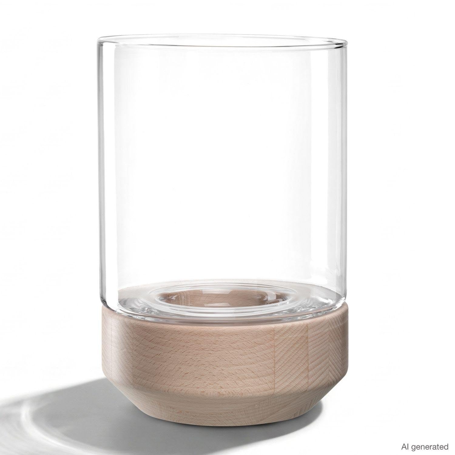 Windlicht auf Holzsockel LEGNO mit Glaszylinder auf weißem Hintergrund