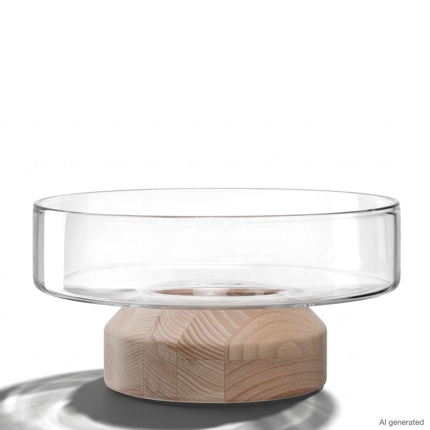 Schale LEGNO auf rundem Holzsockel, Glasschale mit Holzfuß, Produktansicht