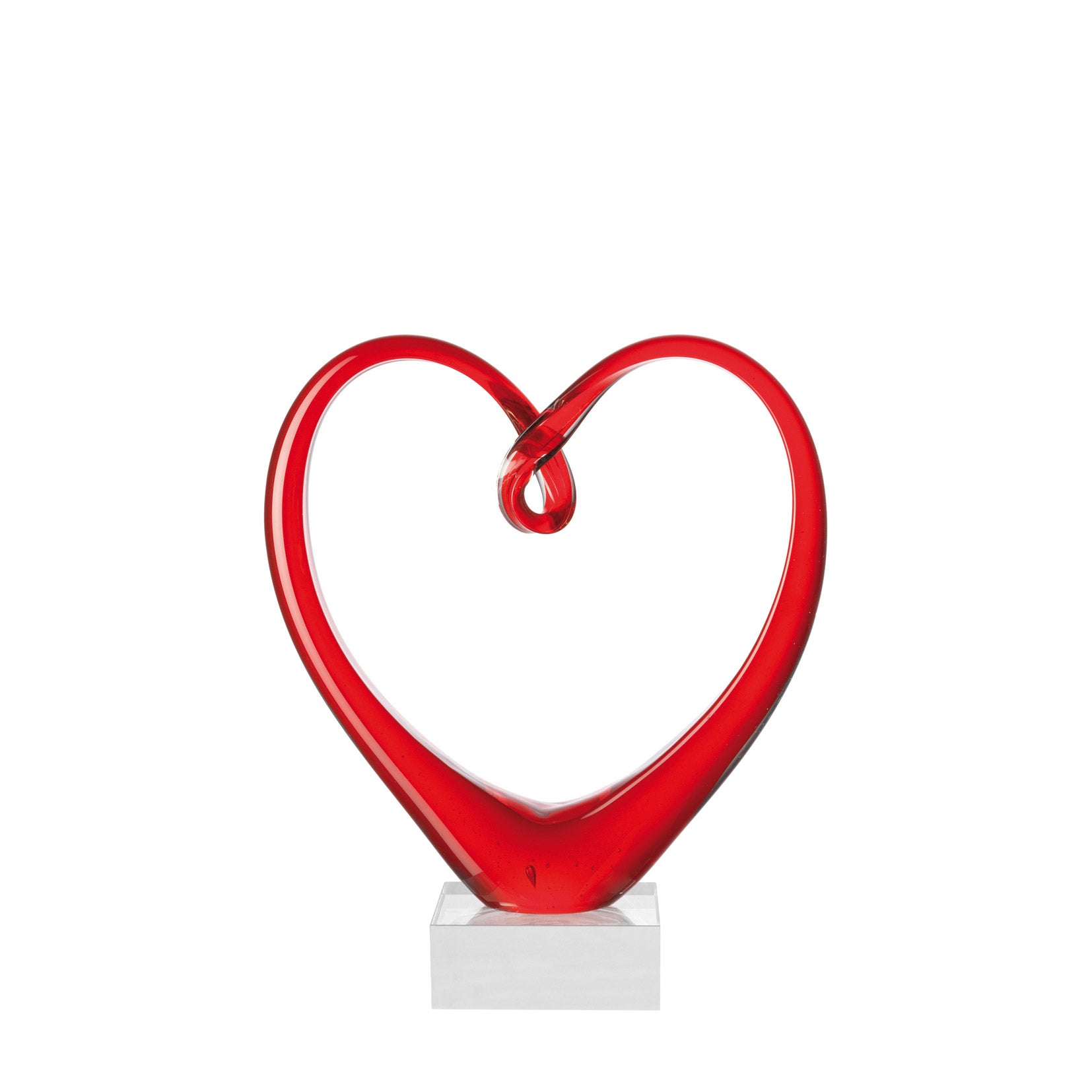 Rote Glasskulptur Herzskulptur HEART auf weißem Sockel, Herzform mit Öffnung oben