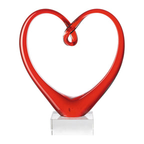 Rote Glasskulptur HEART auf transparentem Sockel, Herzform