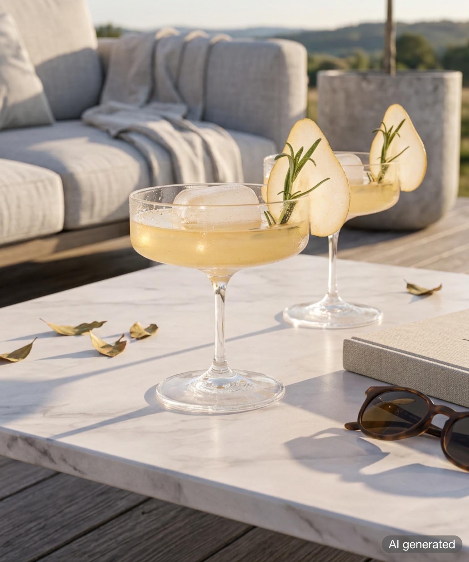 Zwei elegante Cocktails mit Apfelscheiben und Rosmarin auf Marmortisch, sonnige Terrasse mit grauem Lounge-Sessel im Hintergrund