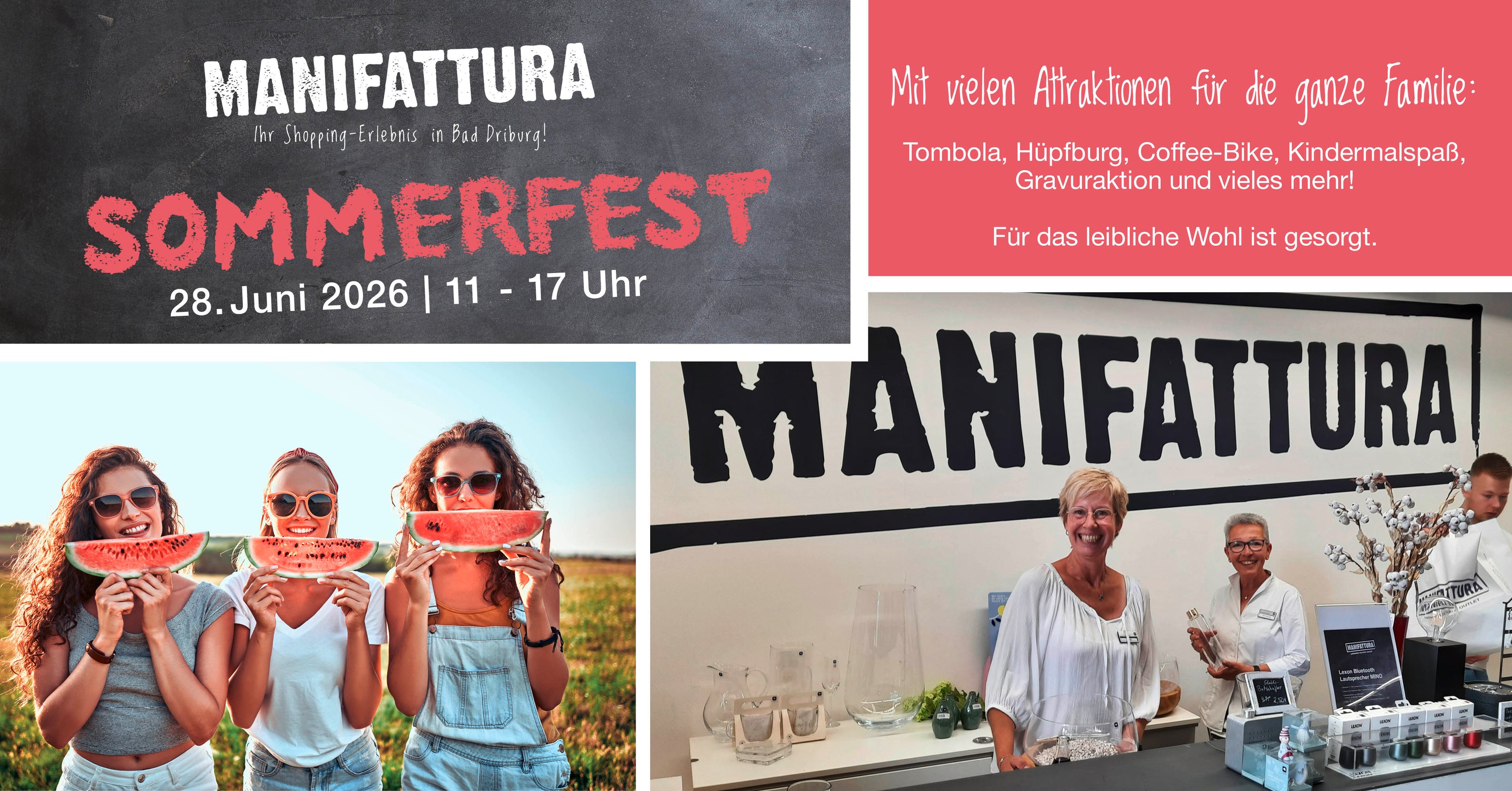 Manifattura Sommerfest 28. Juni 2026, 11-17 Uhr. Drei Mädchen mit Wassermelonen, Familienattraktion mit Tombola und Kindermalerei. Rote und weiße Farbgestaltung