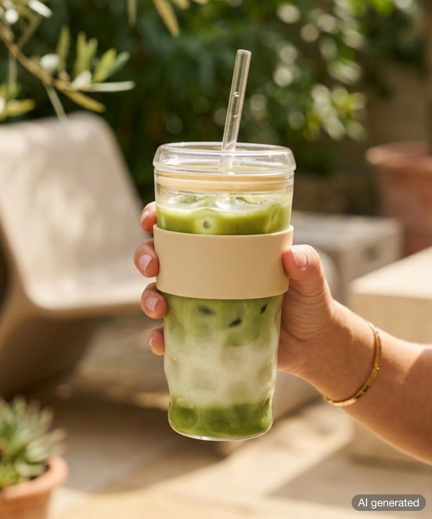 Hand hält Glas mit grünem Matcha-Getränk und Strohhalm, beiger Sleeve, sonniger Garten mit Pflanzen im Hintergrund
