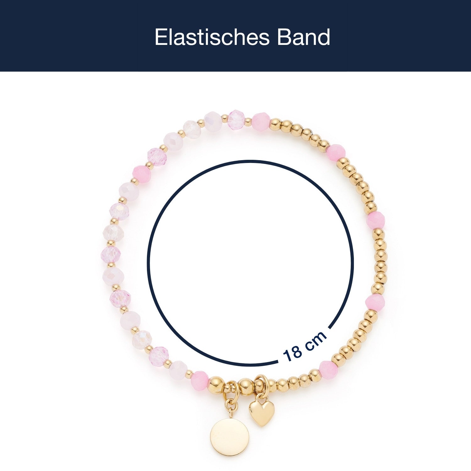 Elastisches Armband gold BONELLA You & Me CIAO mit rosafarbenen Glasperlen und Herzanhängern, Massangaben