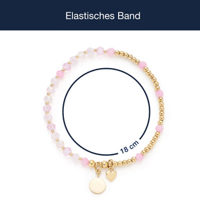 Elastisches Armband gold BONELLA You & Me CIAO mit rosafarbenen Glasperlen und Herzanhängern, Massangaben