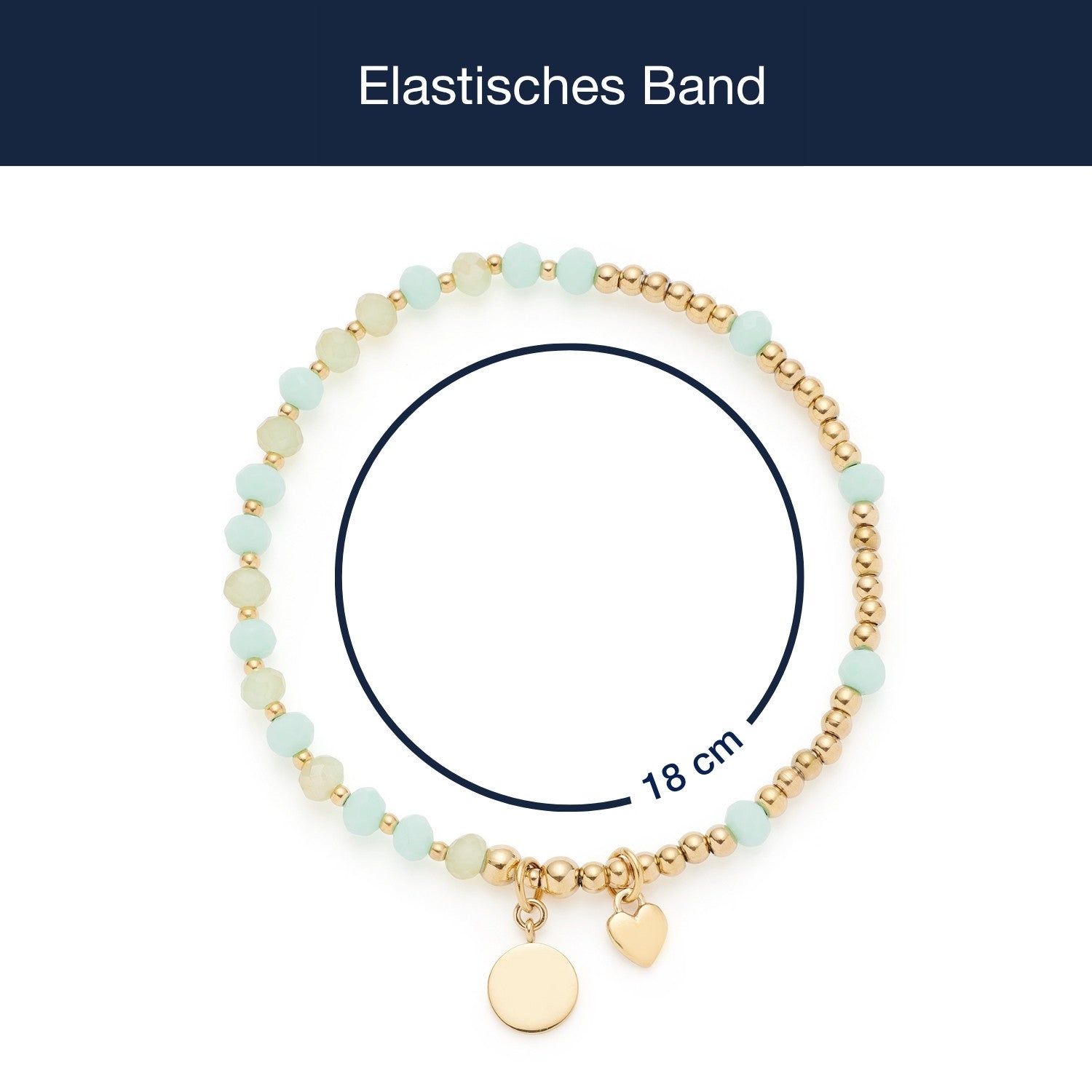 Elastisches Armband gold EVELYN mit hellgrünen Perlen und Anhängern, Massangaben