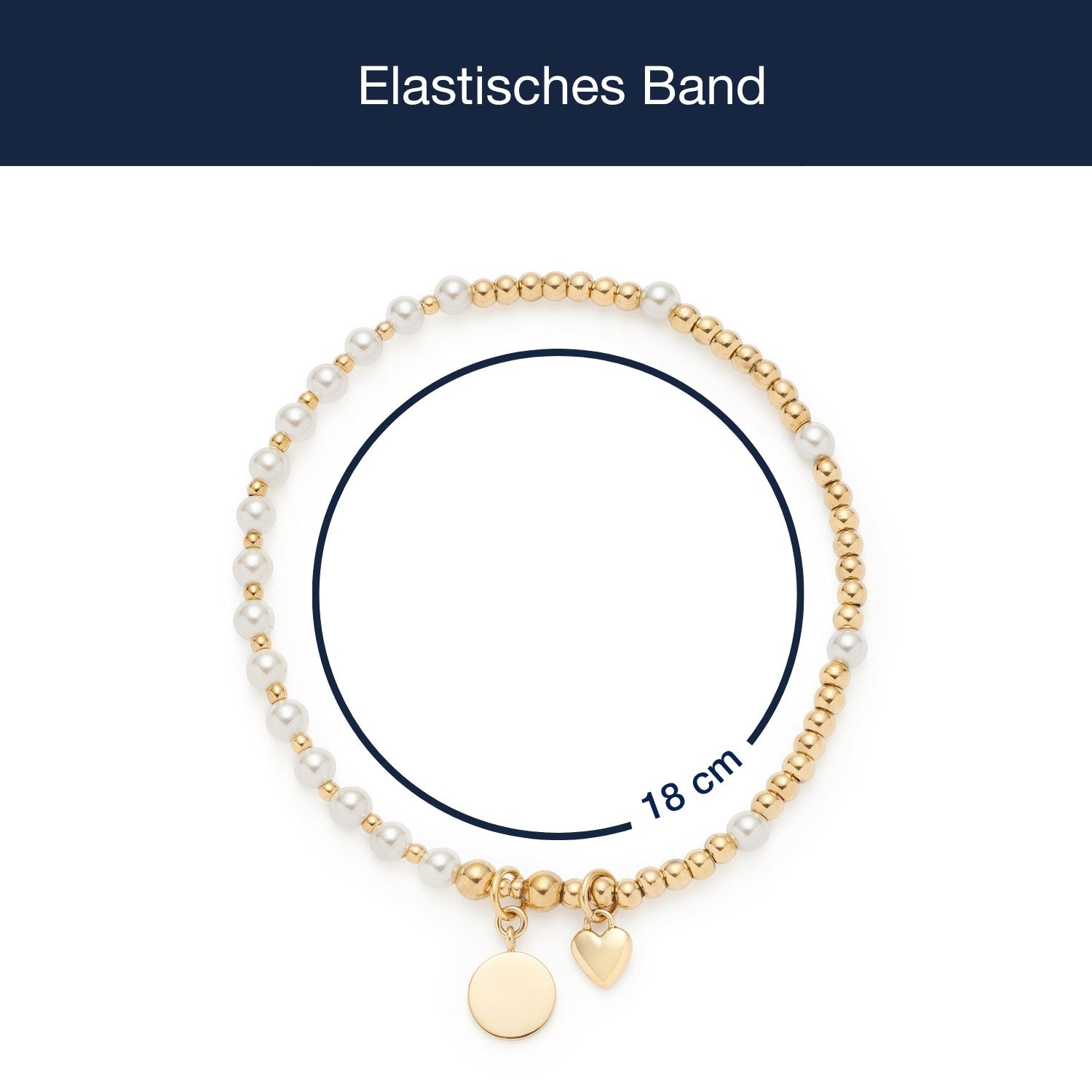 Elastisches Armband gold mit Perlen und Herzanhängern, Massangaben zum Armband gold MONIA You & Me