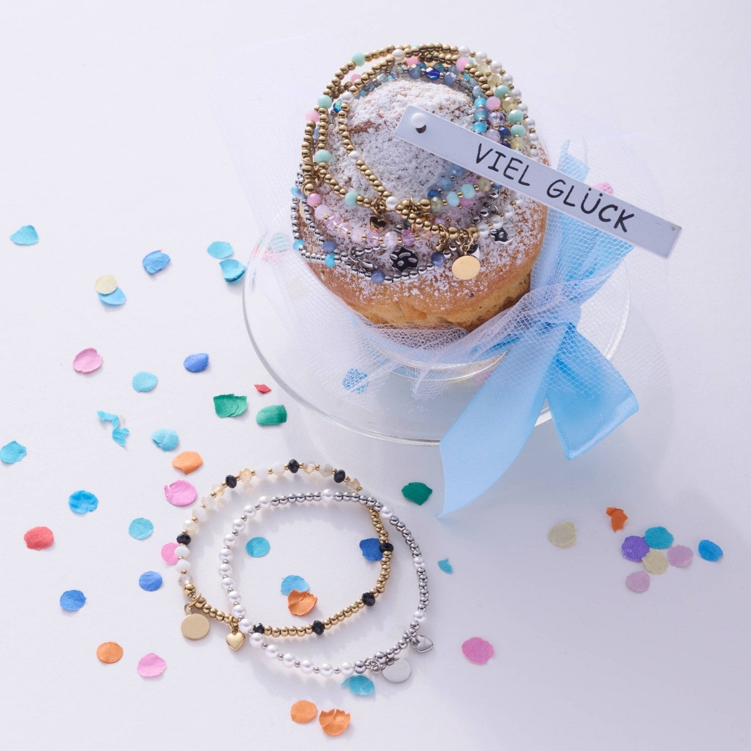 Armband TIAMO You & Me CIAO gold mit Donut, Geschenkbox und bunten Perlen