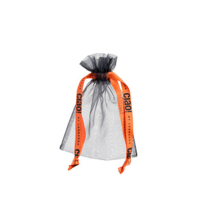 Organza-Geschenkbeutel mit orange-schwarzem Schleifenband und Text-Druck