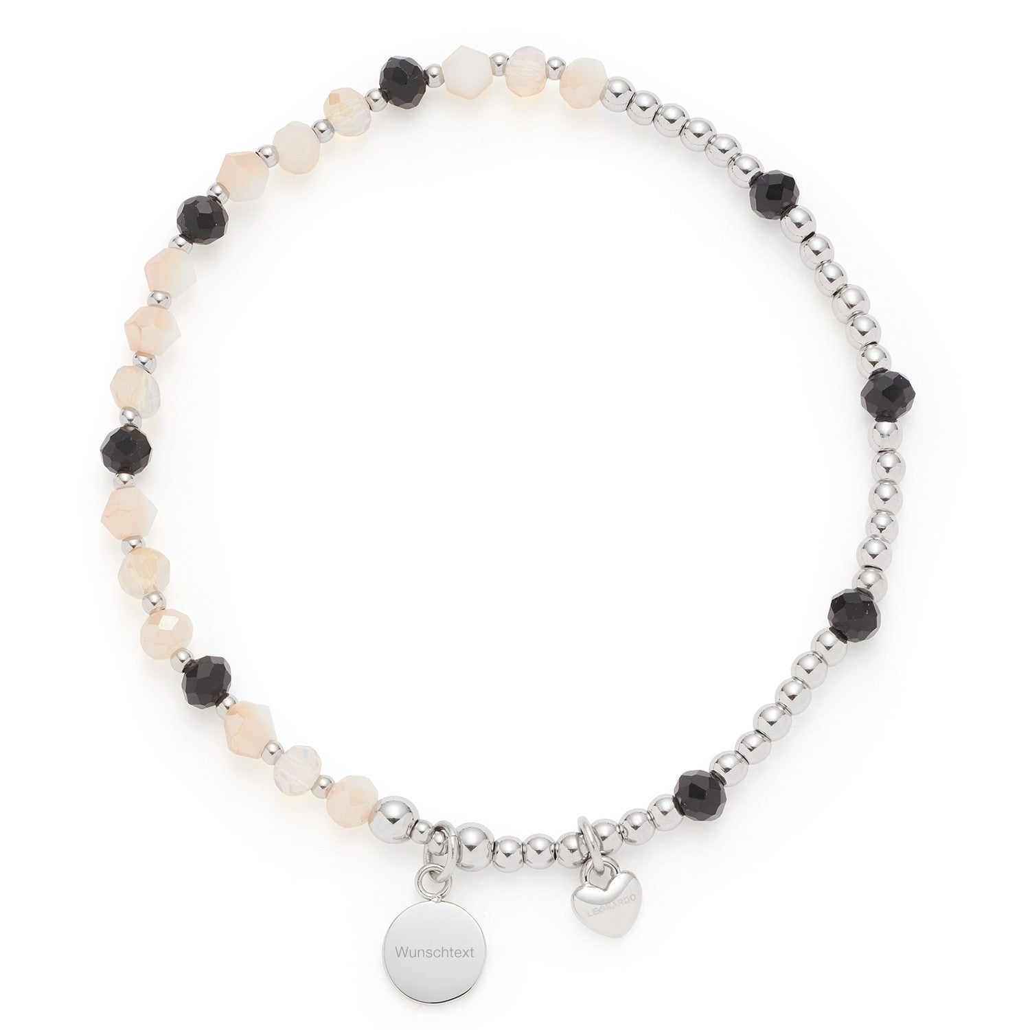Armband LIORA You & Me CIAO mit schwarzen und beigen Perlen, silbernen Elementen und graviertem Anhänger