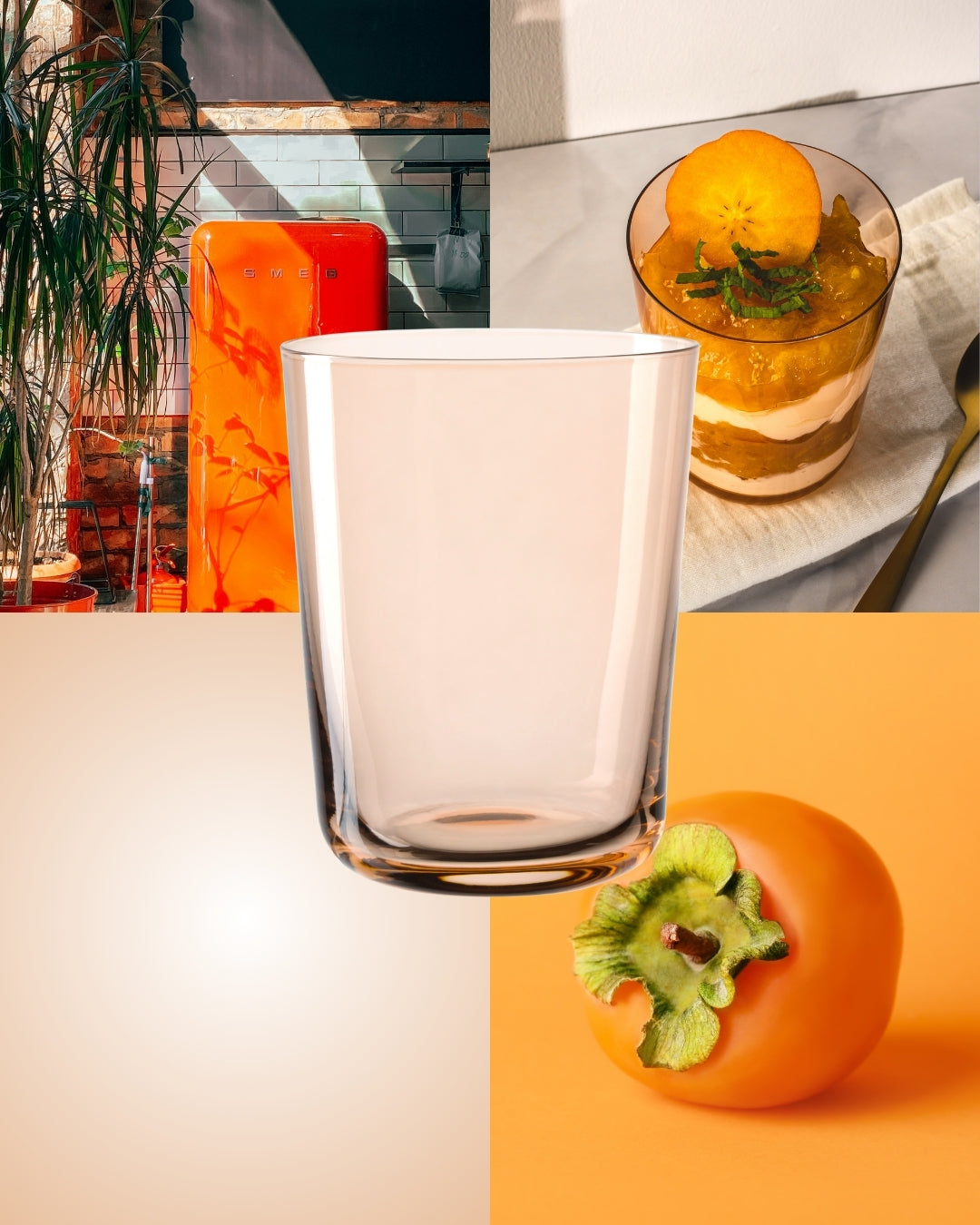 Collage in warmen Orangetönen: Im Hintergrund eine Küche mit orangefarbenem Kühlschrank, ein Dessert mit Persimone und eine ganze Kaki-Frucht. Zentral davor schwebt ein transparentes Trinkglas mit leicht bernsteinfarbenem Boden.