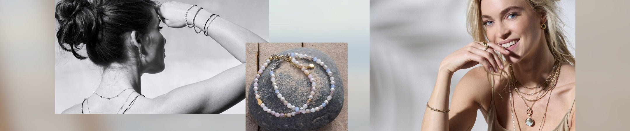 Frühjahr/Sommer Schmuck Kollektion 2026: Frau von hinten mit Halskette, Detailaufnahme von Perlenarmband, Frau von vorne mit Kette und Armband, helle Farbstimmung