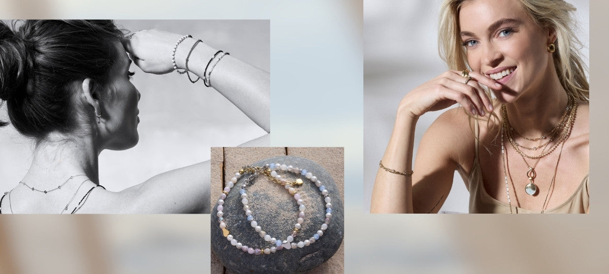 Frau mit blondem Haar trägt silberne Halsketten und Armbänder. Detailaufnahmen zeigen Glasperlen-Schmuck in Pastelltönen und eine Nahaufnahme mit Armreifen
