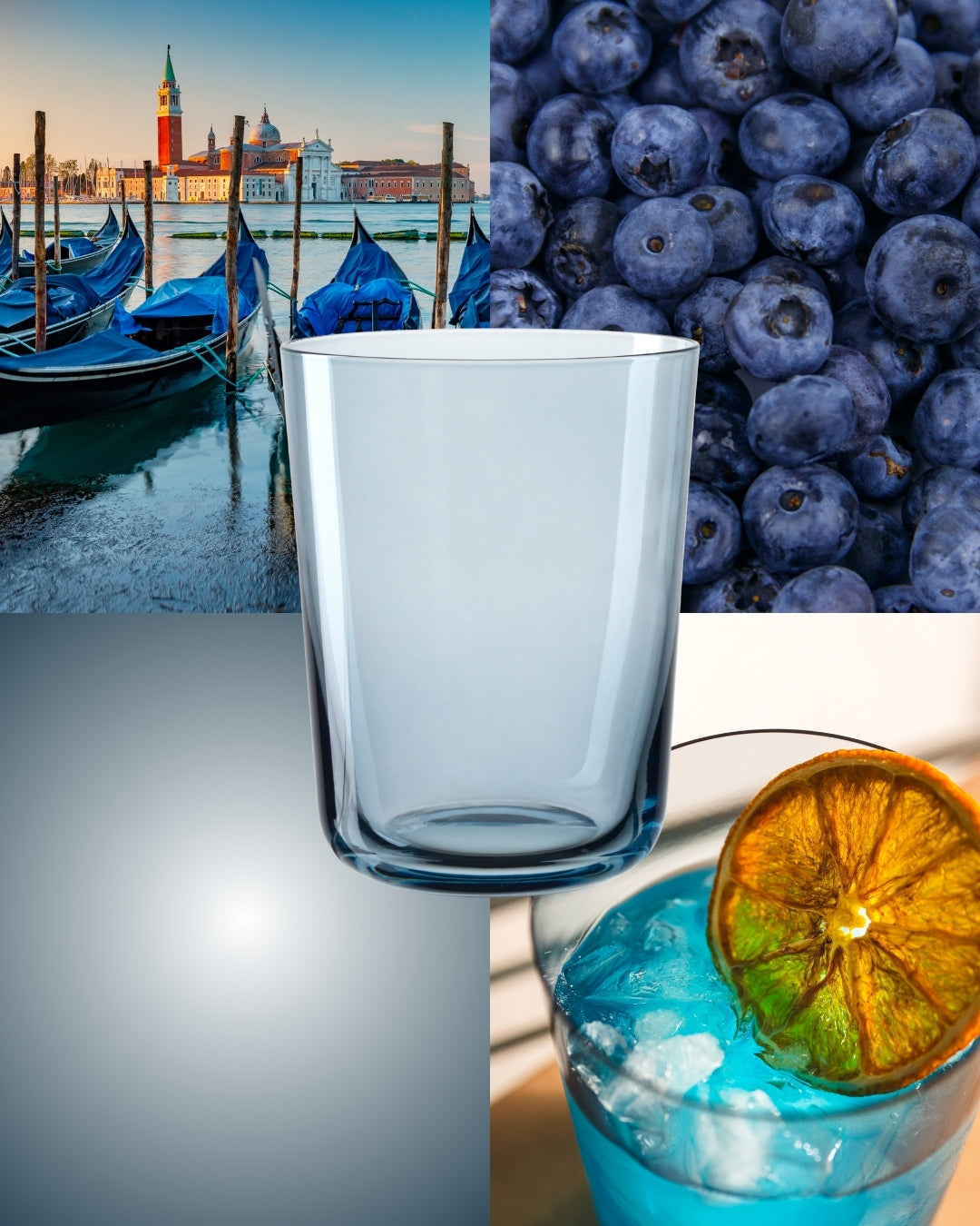Collage in Blau: Venezianische Gondeln auf dem Wasser, Nahaufnahme von Heidelbeeren und ein blauer Cocktail mit getrockneter Orangenscheibe. In der Mitte steht ein schlichtes, leicht bläulich getöntes Trinkglas.