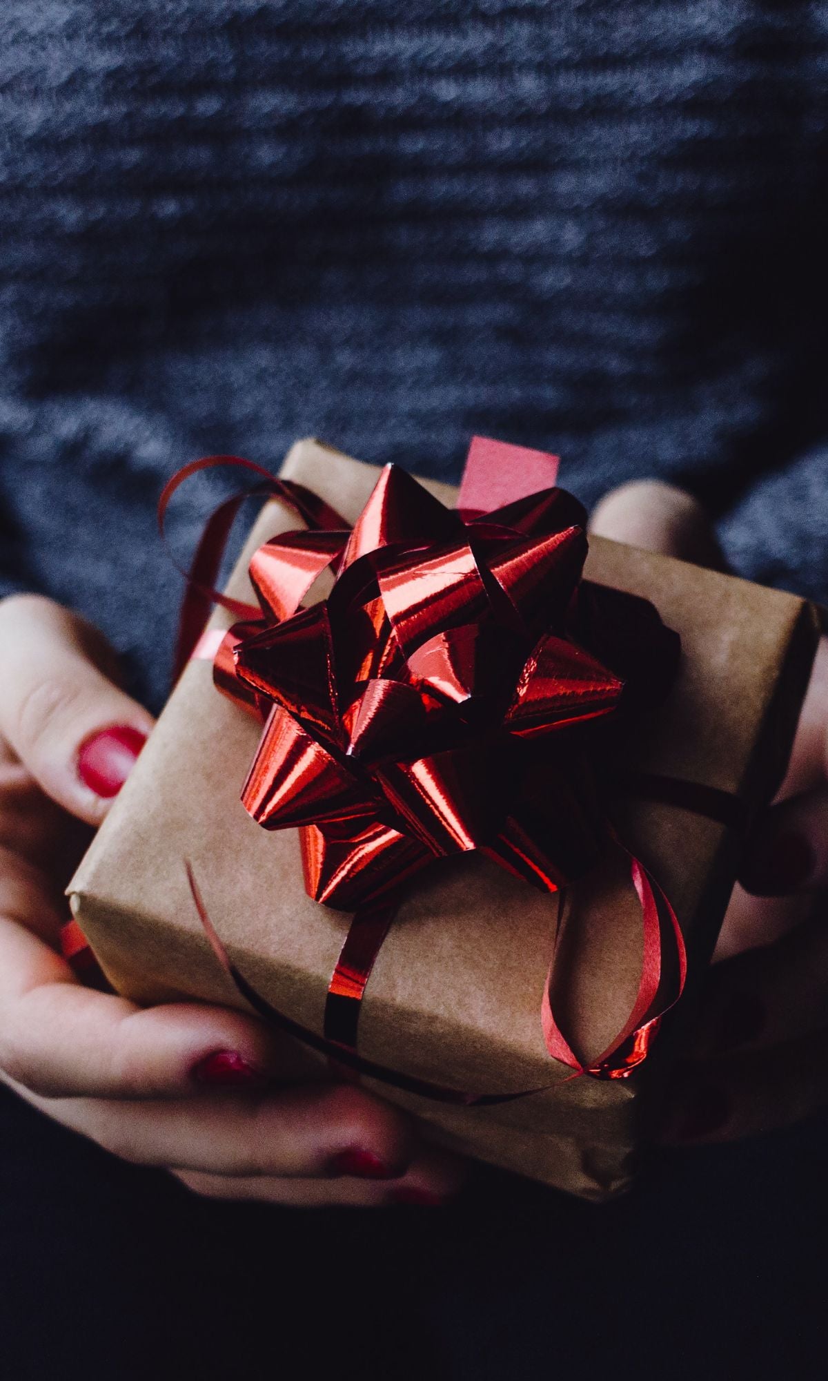 Grafik für Geschenkideen: Geschenk mit roter Schleife auf braunem Päckchen in Händen gehalten