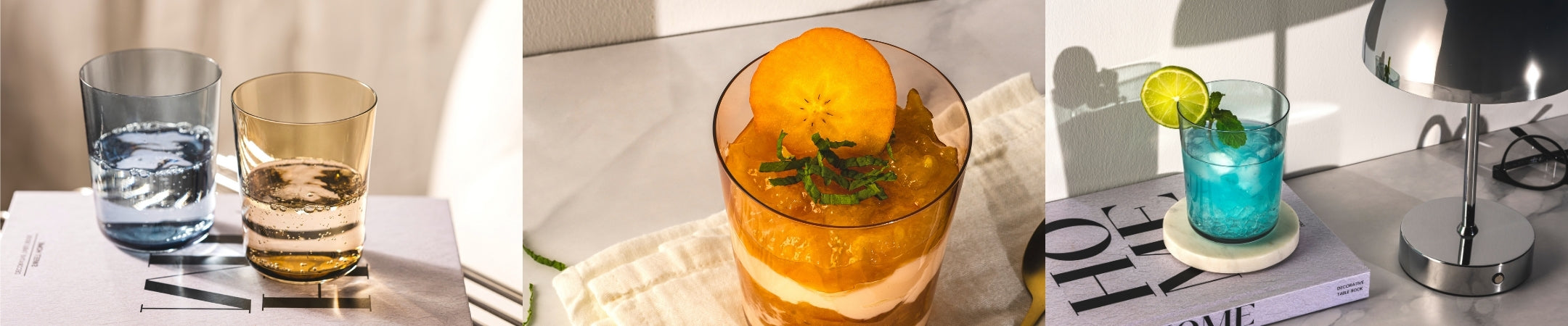 Moderne Trinkgläser und Desserts im Glas werden mit frischen Zutaten und sommerlichen Farben stilvoll präsentiert.