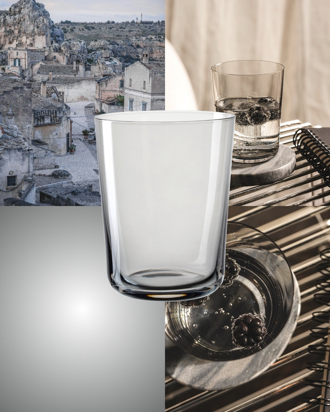 Collage in gedeckten Naturtönen: Mediterrane Felsenstadt, Glas mit klarem Getränk und dunklen Beeren sowie eine Nahaufnahme desselben Getränks. Zentral ein transparentes Glas mit grauem Farbverlauf am Boden.