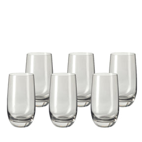 Sechs Trinkgläser SORA 390 ml in Grau angeordnet